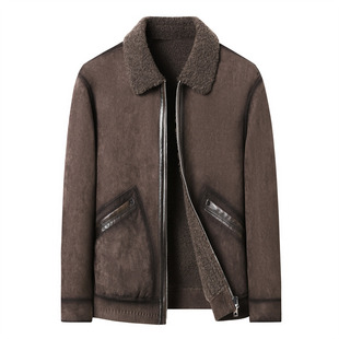 复古机车风冬季皮毛一体翻领飞行员皮衣男短款羊糕毛加绒夹克外套