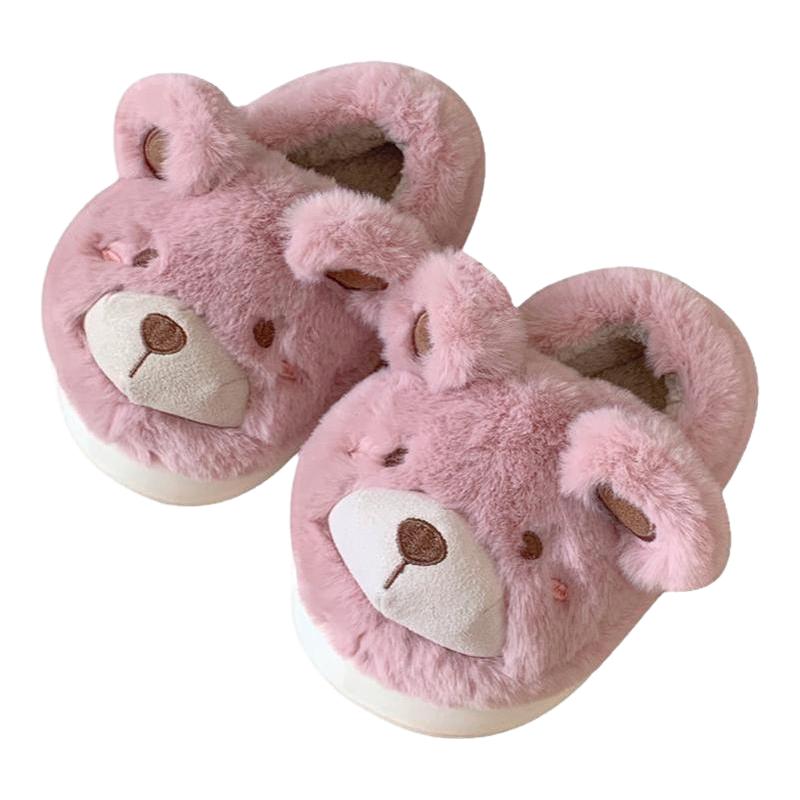 细细条 毛绒儿童棉拖鞋冬季可爱小熊男童女童包跟保暖亲子家居鞋