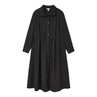 FINITY菲妮迪连衣裙2026春新款简约黑色翻领收腰捏褶A字裙长裙女