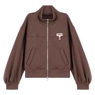 KEIKO [加密绒] 美式复古咖色廓形外套26早春双拉链短款卫衣套装