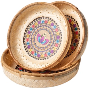 彩绘竹编收纳盘特色竹制品水果盘坚果篮客厅摆件手工编织篮民族风