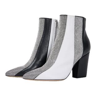 SERGIO ROSSI 羊皮材质女士优雅粗跟水钻踝靴银泰百货精品 301596