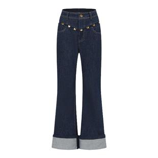 【deepmoss】休闲时尚复古潮流修身金币装饰牛仔高腰微喇裤女