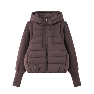 2025新款轻薄针织袖拼接羽绒棉服女装短款假两件连帽棉衣外套保暖