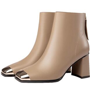 粗跟靴子2025年正流行秋冬季新款时尚杏色头层牛皮高跟鞋女士短靴