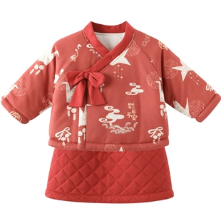 女童新年服分体套装中国风宝宝衣服冬季儿童棉服外套半身裙两件套