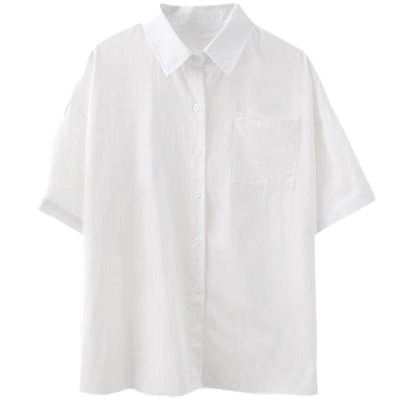 polo领短袖衬衫女夏薄款宽松日系百搭奶白色chic气质设计感小众