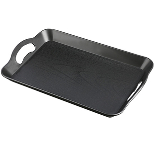 塑料长方形托盘传菜木纹取餐盘酒店餐厅黑色双耳防滑托盘上菜商用