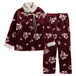 新款中古风立领蝴蝶花睡衣酒红本命年女士珊瑚绒加厚保暖家居服