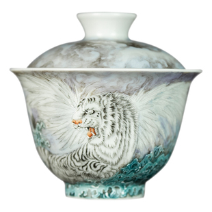 圣山仿古手绘粉彩白虎盖碗景德镇手绘陶瓷茶具盖碗茶杯泡茶盖碗