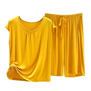 莫代尔睡衣女夏季薄款短袖短裤套装家居服垂感宽松捏褶大码两件套