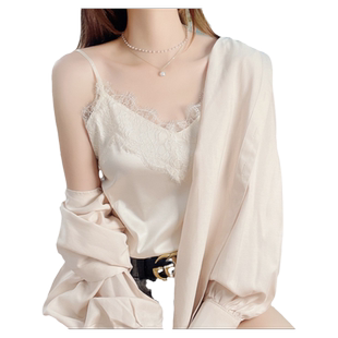睫毛蕾丝V领缎面吊带背心女夏季配西装内搭打底冰丝白色醋酸上衣