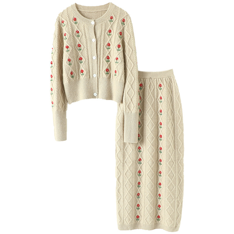 美奢到炸裂啊！重工手绣！羊绒开衫女纯羊绒毛衣长款包臀裙子套装