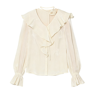 DPLAY白色V领小衫荷叶边衬衫雪纺衫气质时尚上衣2026年春季新款