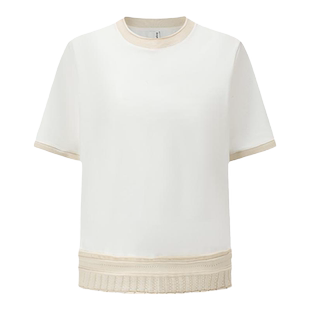 【deepmoss】优雅复古潮流女装时尚休闲气质针织拼接圆领短袖T恤