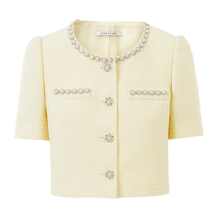 LIME莱茵柠檬黄色外套半裙套装夏新款优雅圆领直筒花呢小香风