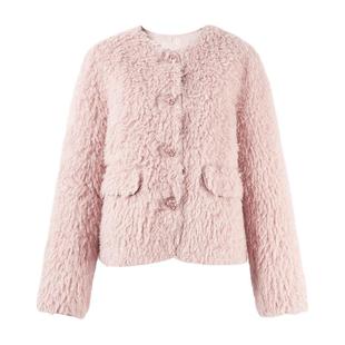 秋水伊人轻熟名媛风仿皮草短外套2025冬季新款女圆领加厚保暖上衣