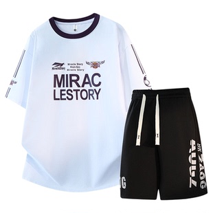 夏款潮流短袖t恤男孩学生半袖青少年胖大童短裤两件套装男装帅气