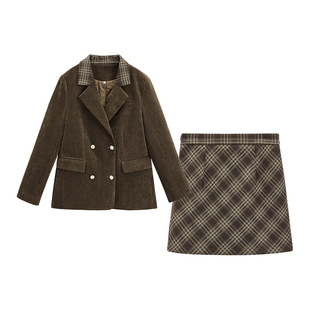 IEF/爱依服【微胖】大码女装套装2025冬季新款西服格子短裙两件套