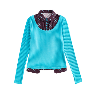 riverstone plus波点撞色假两件衬衫领长袖T恤女修身显瘦条纹上衣