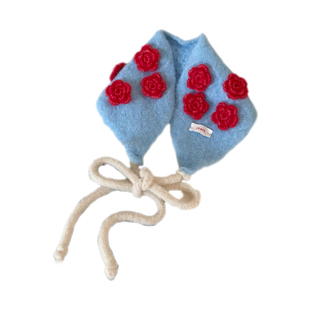 手工钩针立体花朵系带针织耳罩女冬季保暖护颈围脖两用耳暖耳捂子