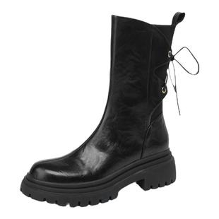 阿么手工女鞋真皮中筒靴时装靴秋冬新款厚底皮鞋圆头英伦风短靴女