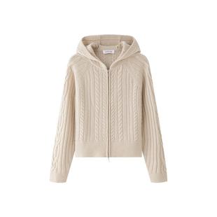 羊织道球兰 双拉链绞花连帽针织女士春季开衫秋绵羊毛毛衣外套