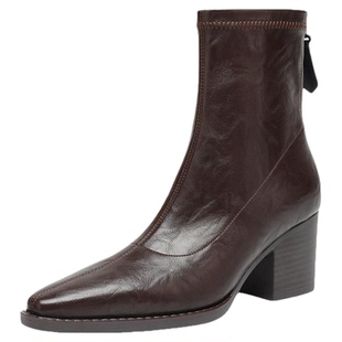 星期六棕色增高跟小短靴子2025新款女款瘦瘦女靴皮靴早秋冬季加绒