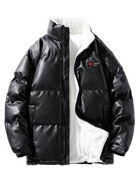 查尔斯桃心PU皮拼接加绒面包棉服