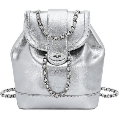 【圣诞礼物】CASSILE卡思乐双肩包女高级感油腊皮链条背包银色