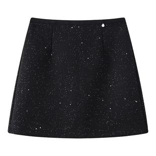 拉夏贝尔灰色毛呢亮片半身裙女秋冬2025新款小个子显瘦A字短裙子