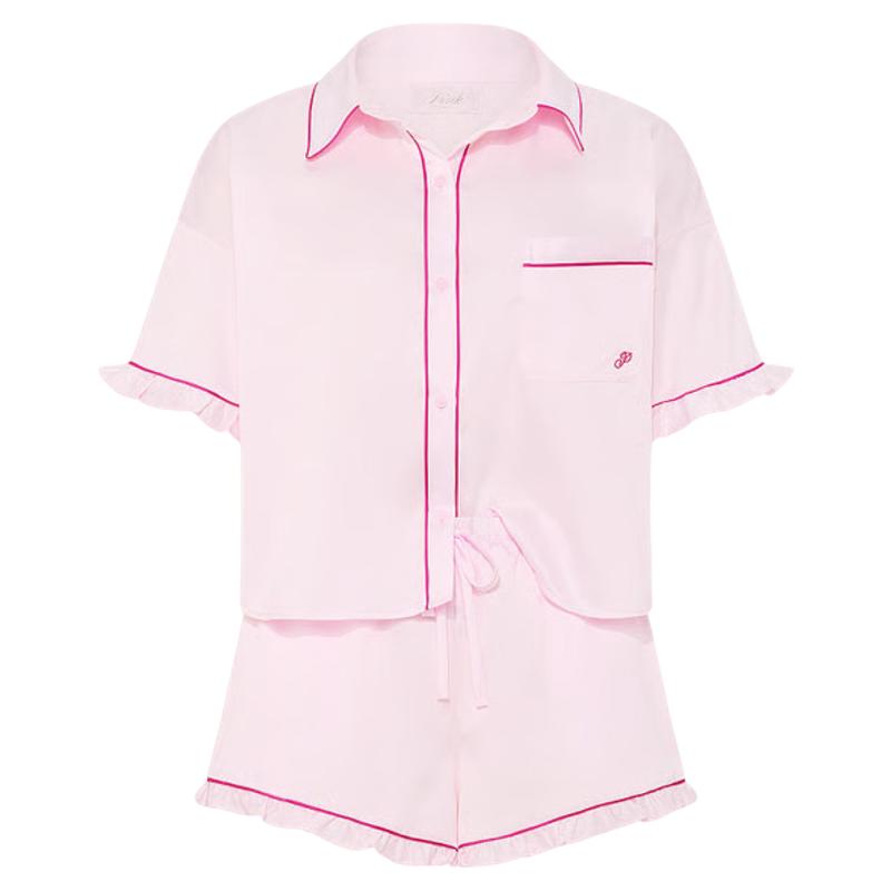 维密PINK 精致缎面荷叶边短袖短裤睡衣套装家居服女2026新款 居睡实拍商品图