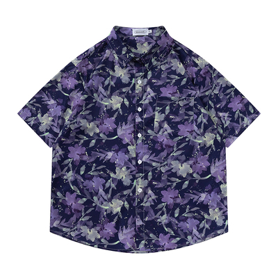 TRAVEL ISLAND 星光点点 清幽紫色花朵涂鸦满印夏威夷风短袖衬衫
