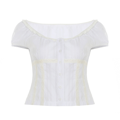 WEEKEEP 纯欲少女V领蕾丝拼接泡泡袖T恤百搭简约基础修身显瘦上衣