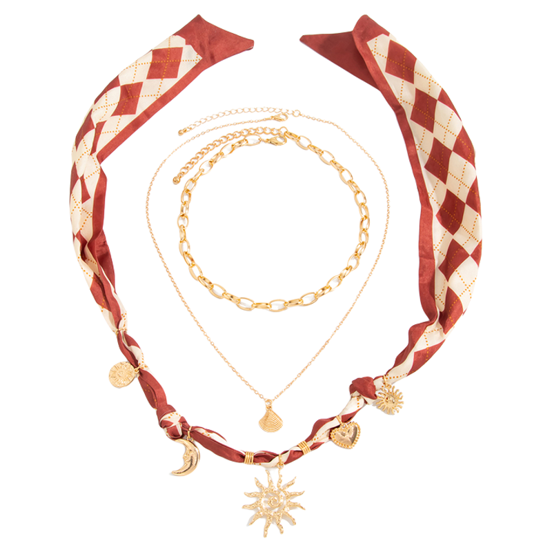 3件套朋克复古铜包铁链太阳项链
