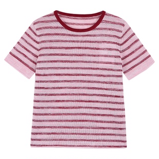 Maven Lin 经典撞色条纹色彩短袖上衣女抗皱垂坠宽松直筒针织t恤