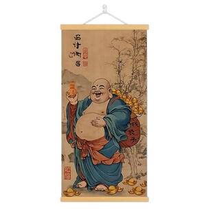 弥勒佛挂画新中式办公室茶室玄关客厅装饰画入户门正对门卷轴摆件