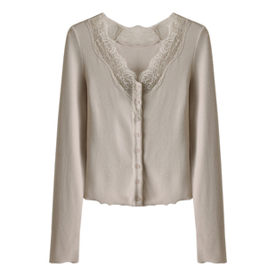 HAMYIHO内里磨毛开衫蕾丝内搭打底衫v领纽扣拼接上衣女士2026春季