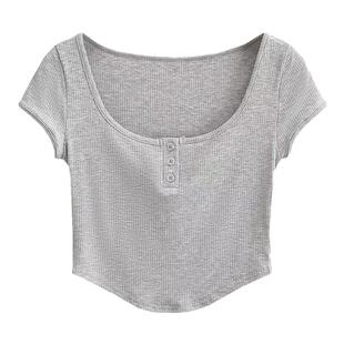 liviahome辣妹性感紧身三粒扣弧形下摆女短款露脐T恤方领显瘦上衣