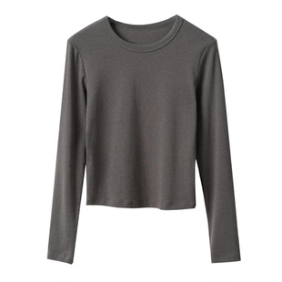 优可丝木纤维女士正肩圆领长袖T恤 短款修身打底衫春秋款山东网店