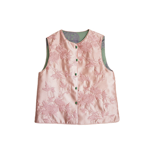 艾绘馆新中式重工花卉刺绣马甲背心女秋冬季复古盘扣外搭马夹坎肩