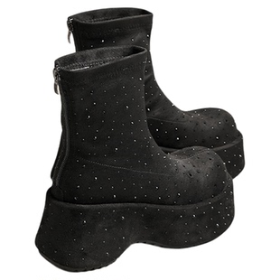 MILLIE'S/妙丽厚底黑色弹力靴加绒加厚复古短筒瘦瘦机车靴冬季