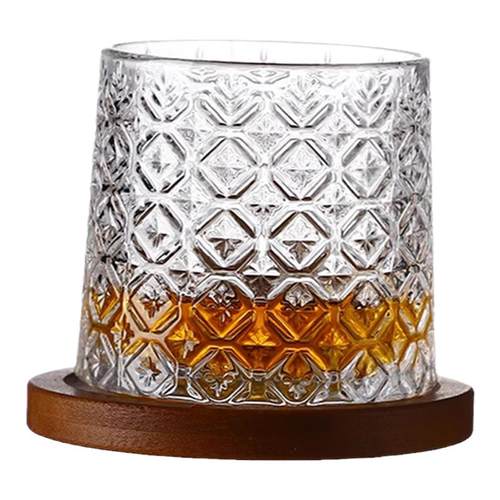 解压威士忌杯水晶玻璃洋酒杯旋转不倒翁啤酒杯子家用高级感带杯垫