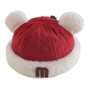 新款儿童帽子秋冬季韩版男女童M字母加绒保暖瓜皮帽宝宝地主帽潮