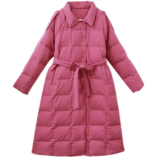 【觅冬】复古翻领加厚羽绒服女冬中长款白鸭绒粉色长绒棉修身外套