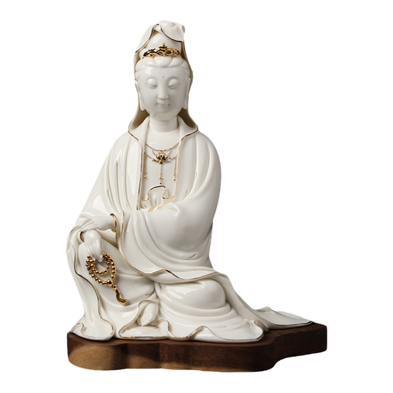 戴玉堂陶瓷摆件林吉祥《描金披坐观音（配底座）》菩萨佛像工艺品