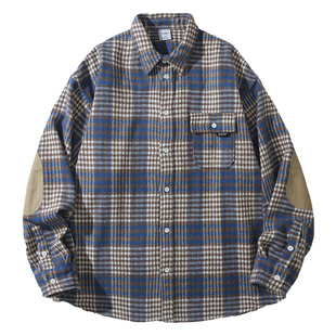 马切达秋季日系毛呢绒男士衬衫复古格纹休闲衬衣工装潮流痞帅外套