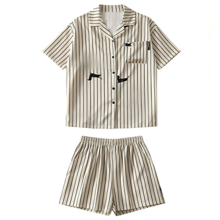 猫人冰丝睡衣女带胸垫夏季薄款短袖短裤休闲条纹家居服可外穿夏天