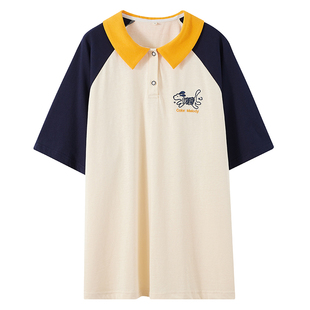 短袖T恤POLO翻领初中女生夏季新款韩版宽松夏装高中学生纯棉上衣