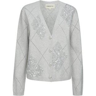 宝姿PORTSPURE女装2026早春新品饰亮片菱格图案V领短款针织开衫